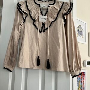 Ganni Beige Ruffle Blouse with Black Trim